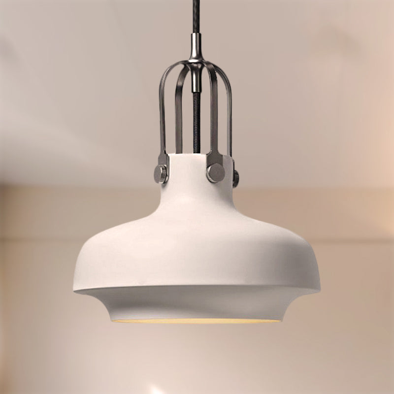 Industrial Metallic Pendant Light with Adjustable Cord - Black/White Bowl Shade, 1-Light, for Living Room
