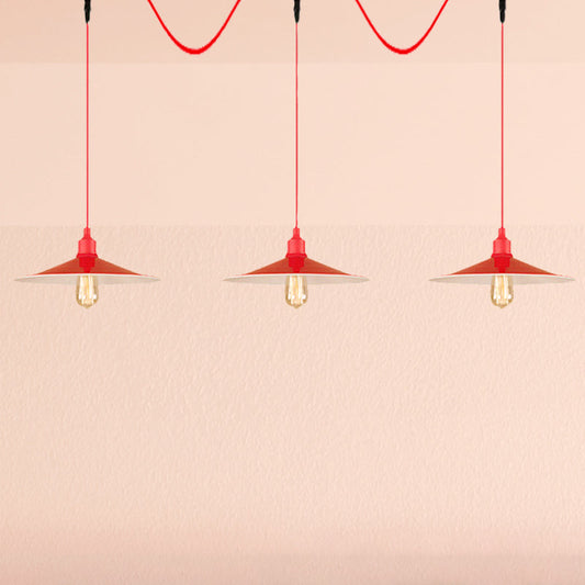 Red Industrial Flared Hanging Lamp: Metallic 3/5-Light Fixture for Kitchen