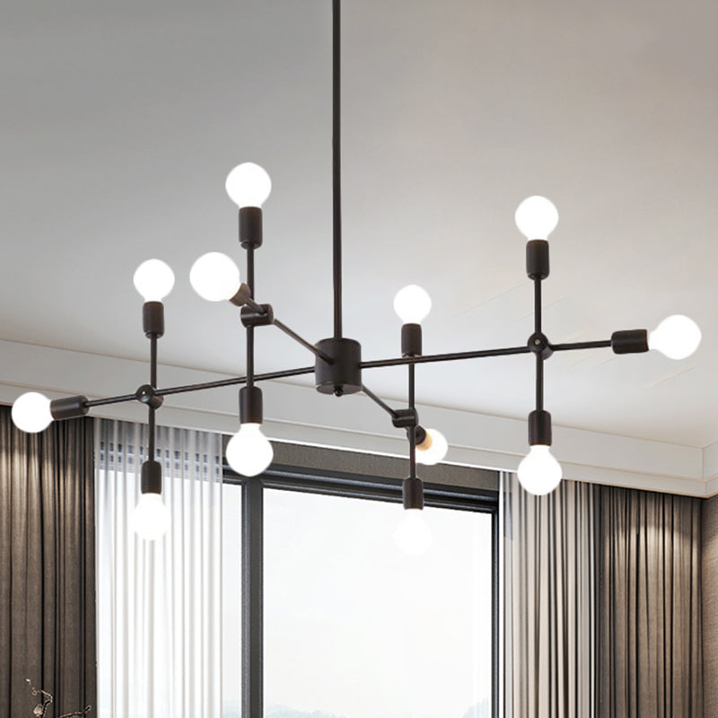 Lustre industriel en métal : design ouvert, 9/12 lumières, suspension noire/laiton pour salle à manger