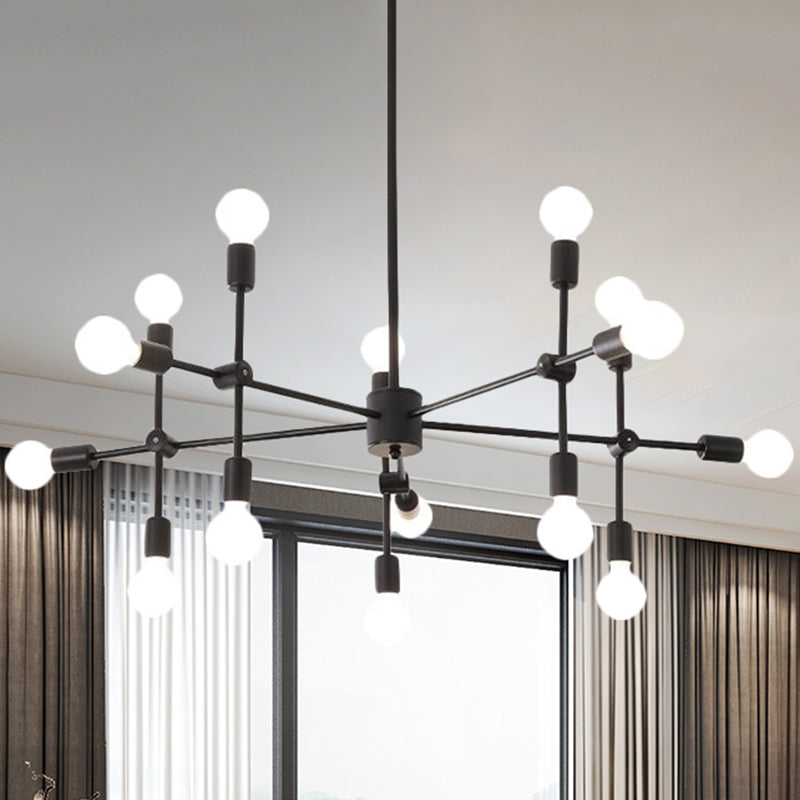 Lustre industriel en métal : design ouvert, 9/12 lumières, suspension noire/laiton pour salle à manger