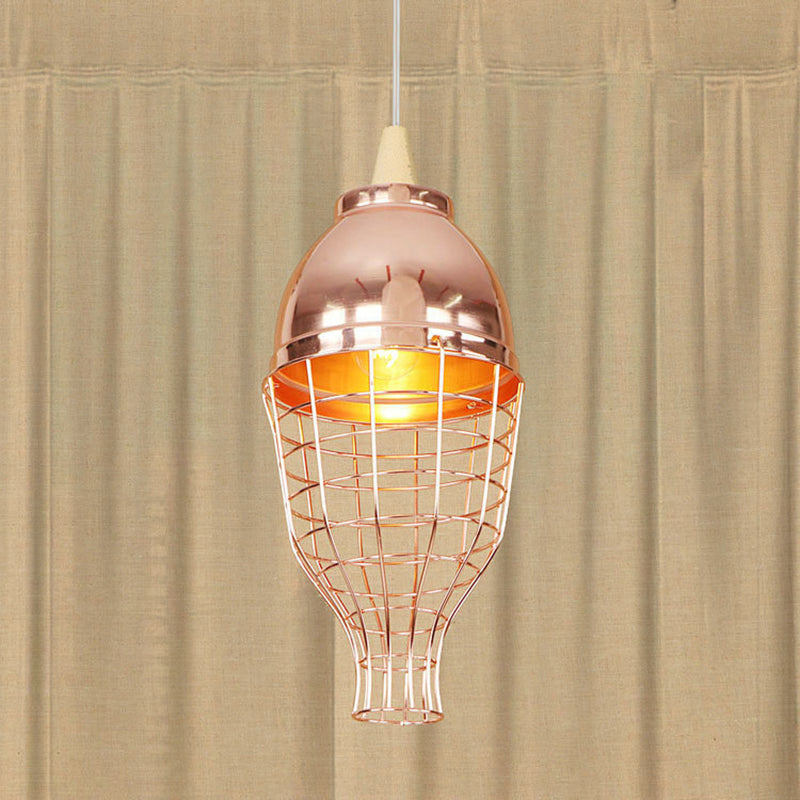 Vintage Metallic Pendant Light - Rose Gold Bowl/Globe/Bottle Shade With Wire Cage For Living Room