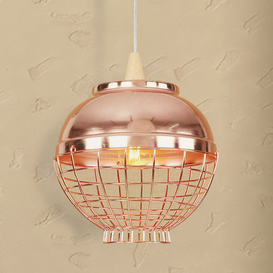 Vintage Rose Gold Pendant Light with Wire Cage - Metallic Shade for Living Room Ceiling