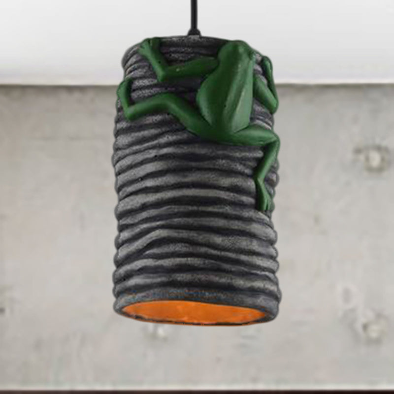 Industrial Frog Deco Cylinder Pendant Light: 1-Light Cement And Resin Lamp In Brass/Black/Grey For