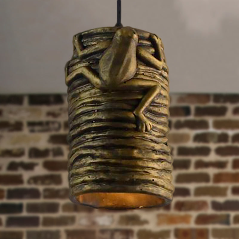 Industrial Frog Deco Cylinder Pendant Light: 1-Light Cement And Resin Lamp In Brass/Black/Grey For