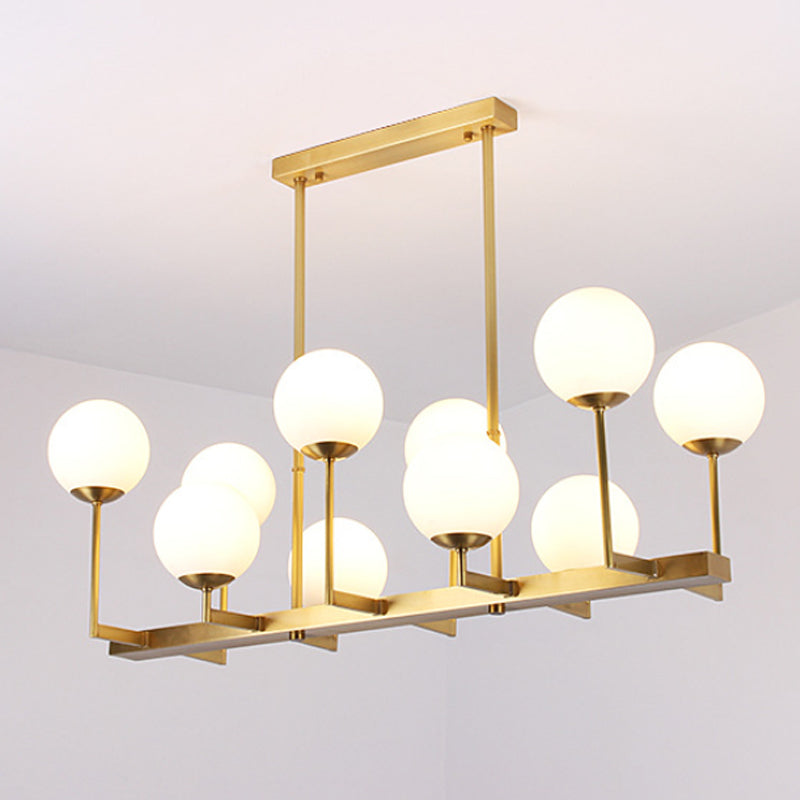 Opal Glass Globe Island Pendant Light - Traditional Brass Dining Room Hanging Lamp With 10 Lights