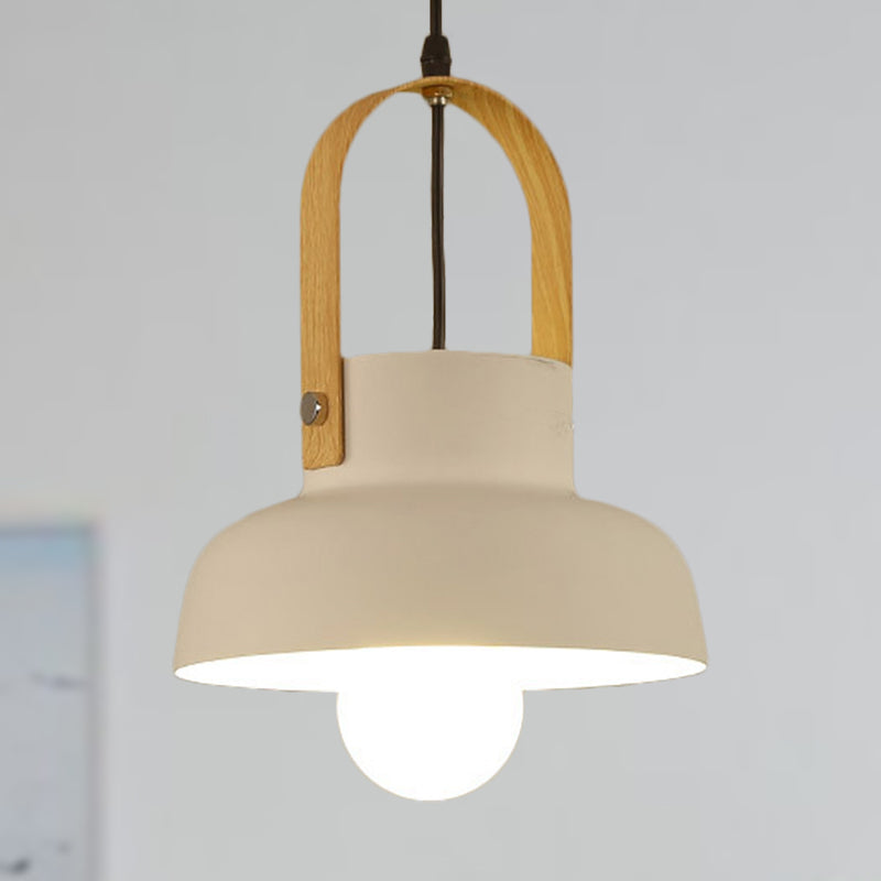 Retro Barn Pendant Lamp - 1 Light Metal Ceiling Light with Leather Strap (White/Grey/Black)