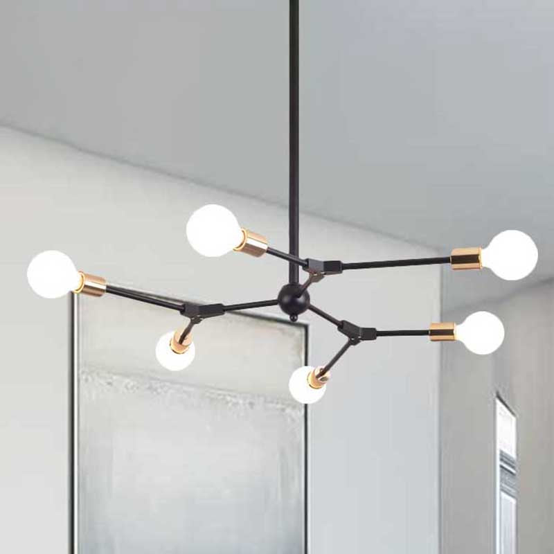 Retro Style Black Branch Suspension Light with Metallic Finish – Bedroom Chandelier Lamp (6/8 Lights) - Open Bulb Design