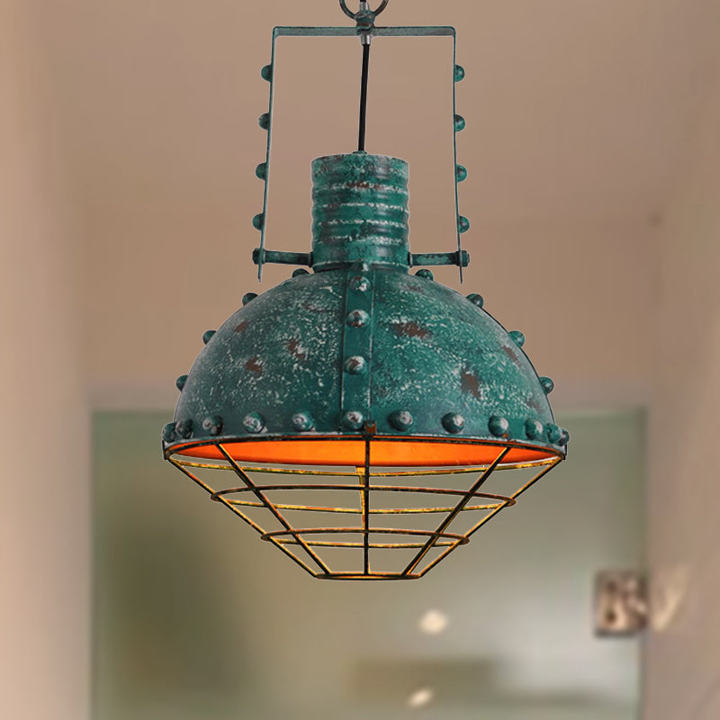 Metal Pendant Lamp With Domed Ceiling Hanging Design Wrought Iron Wire Guard Rivets - Black/Green