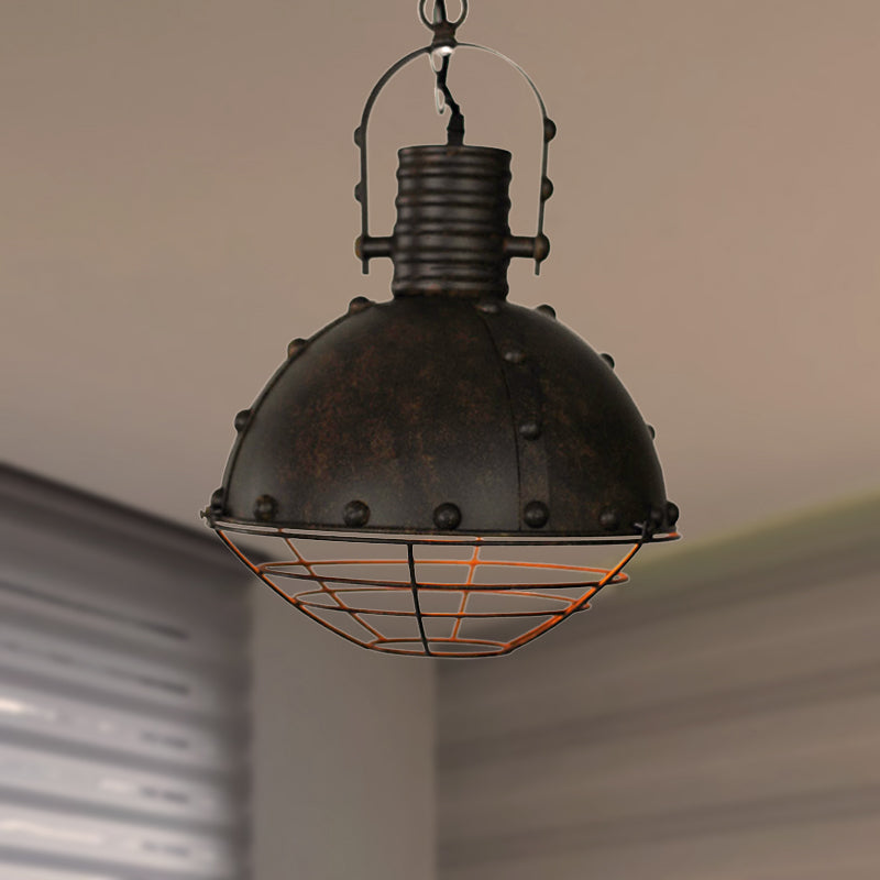 Metal Pendant Lamp With Domed Ceiling Hanging Design Wrought Iron Wire Guard Rivets - Black/Green