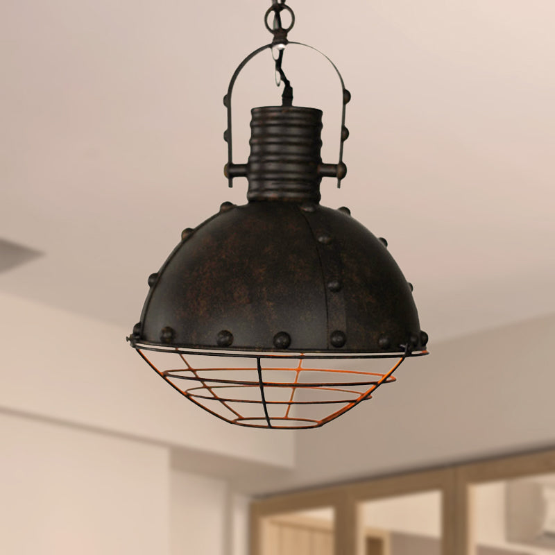 Metal Ceiling Hanging Light: Rustic Wrought Iron Pendant Lamp with Wire Guard and Rivets in Black/Green