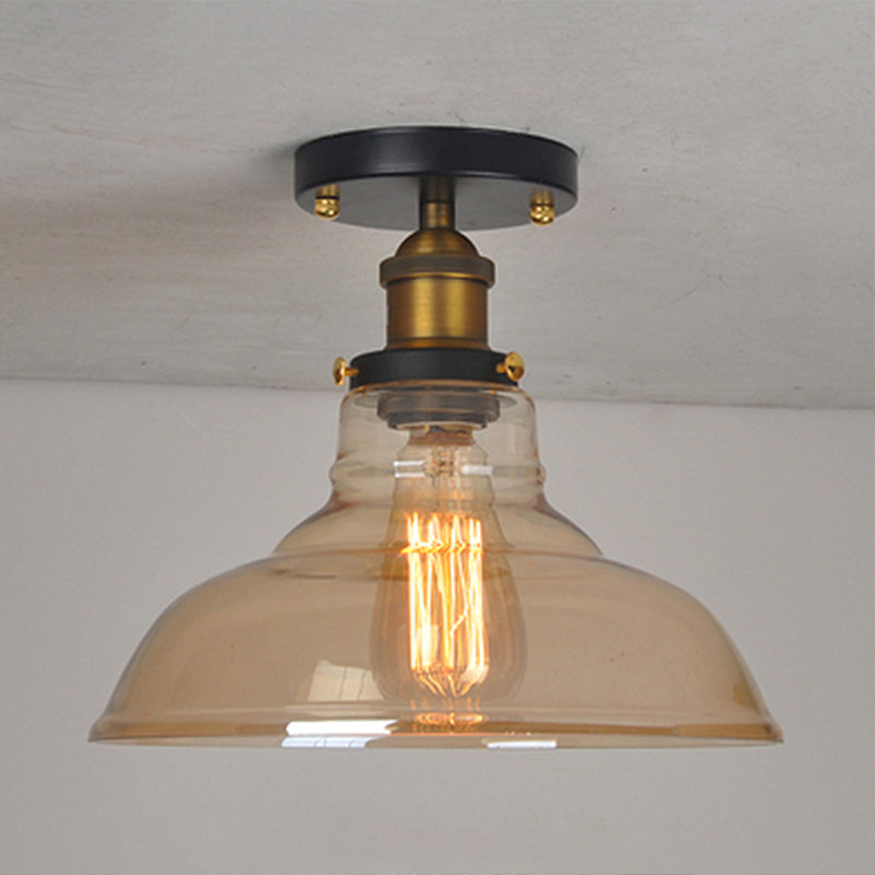Plafonnier semi-monté de style grange vintage avec abat-jour en verre transparent/ambre - Idéal pour la chambre à coucher, luminaire à 1 ampoule