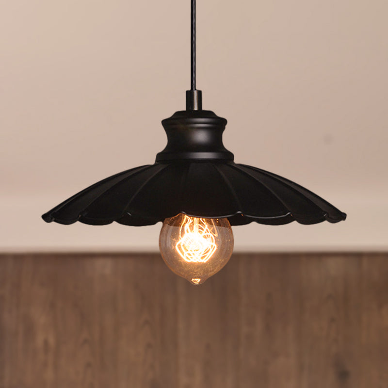 Metallic Black Pendant Lamp with Scalloped Shade - Retro Style Ceiling Light for Kitchen