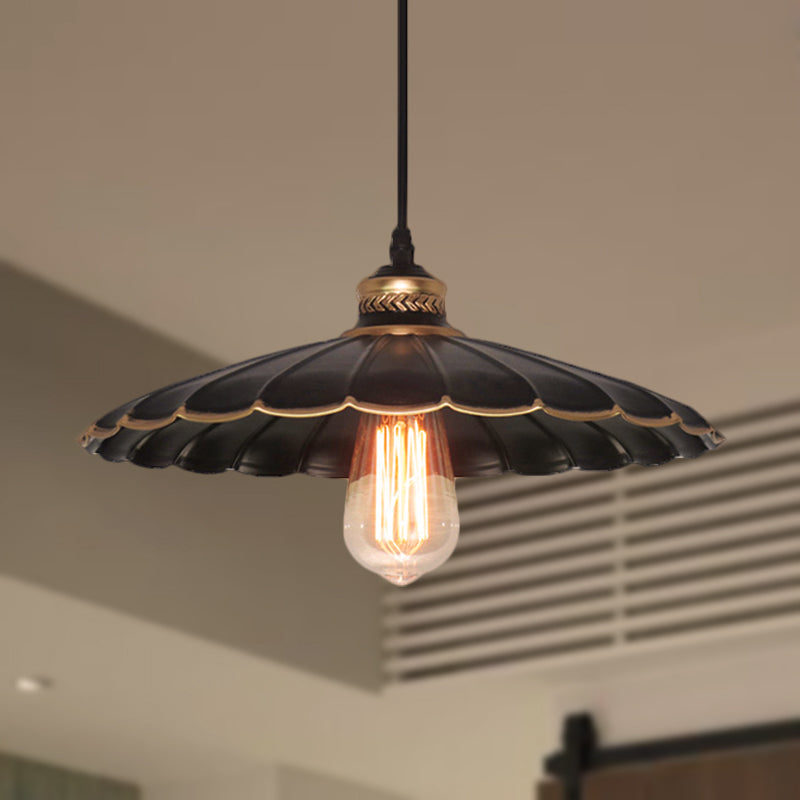 Plafonnier suspendu vintage industriel en métal noir - Style suspendu festonné pour restaurant - 1 lumière - Largeur 10"/14"