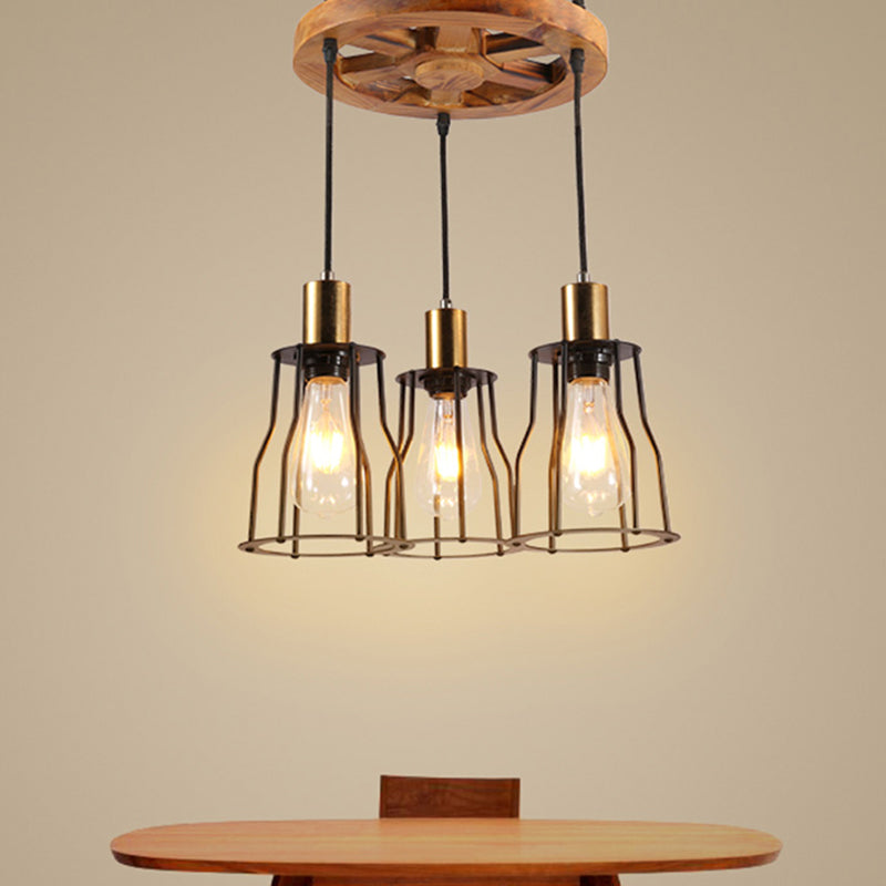 Suspension en forme de cloche en bois industriel avec accents en laiton - 3/6 lumières pour le salon
