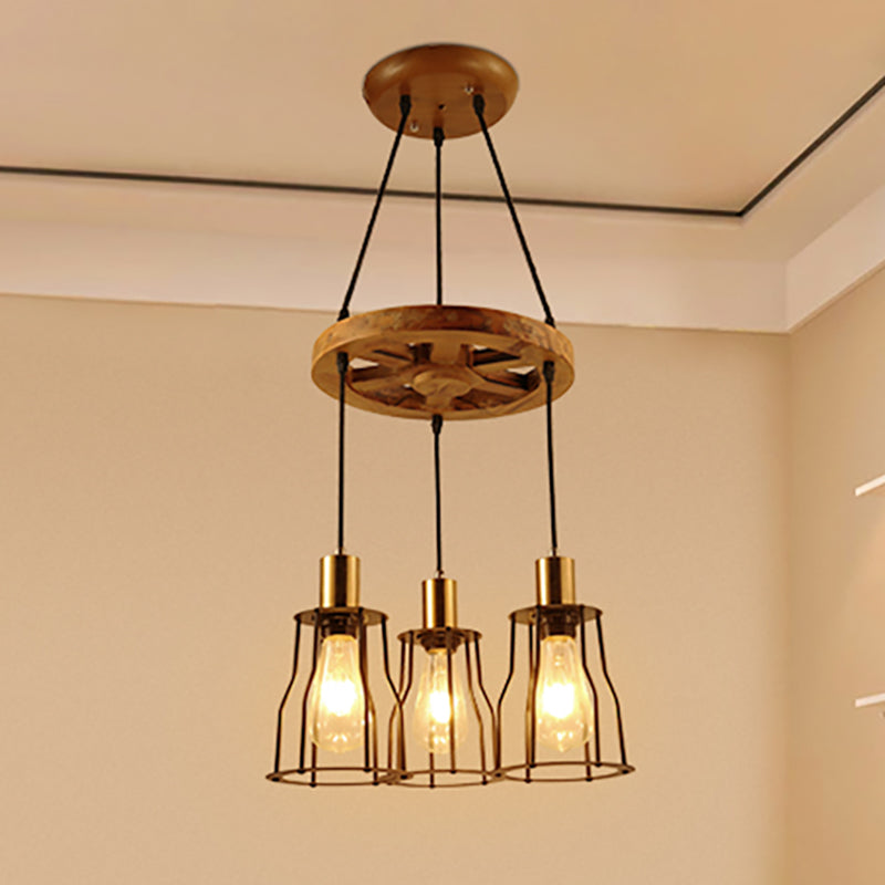 Suspension en forme de cloche en bois industriel avec accents en laiton - 3/6 lumières pour le salon