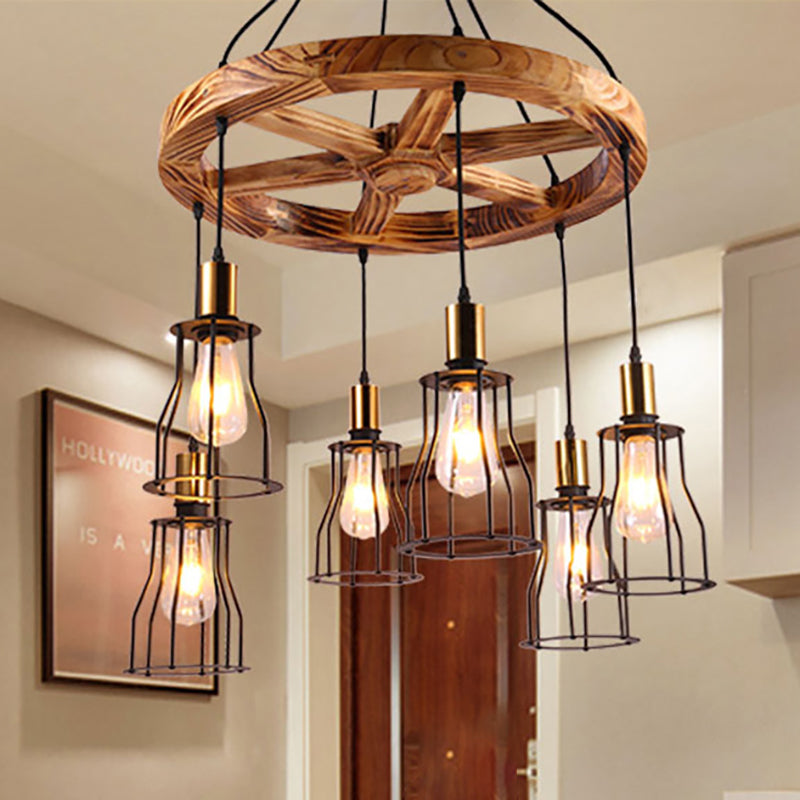 Suspension en forme de cloche en bois industriel avec accents en laiton - 3/6 lumières pour le salon