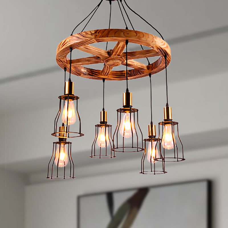 Suspension en forme de cloche en bois industriel avec accents en laiton - 3/6 lumières pour le salon