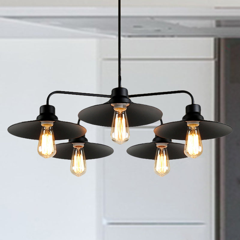 Lustre industriel rond noir - Style vintage, finition métallique, avec tige de suspension - 3/5 lumières
