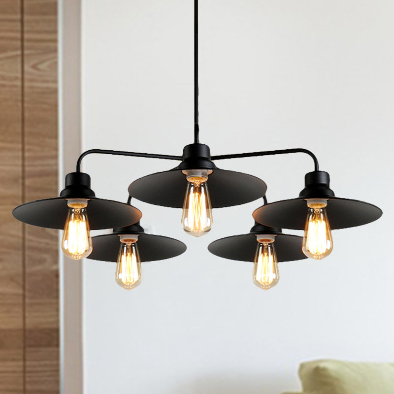 Lustre industriel rond noir - Style vintage, finition métallique, avec tige de suspension - 3/5 lumières