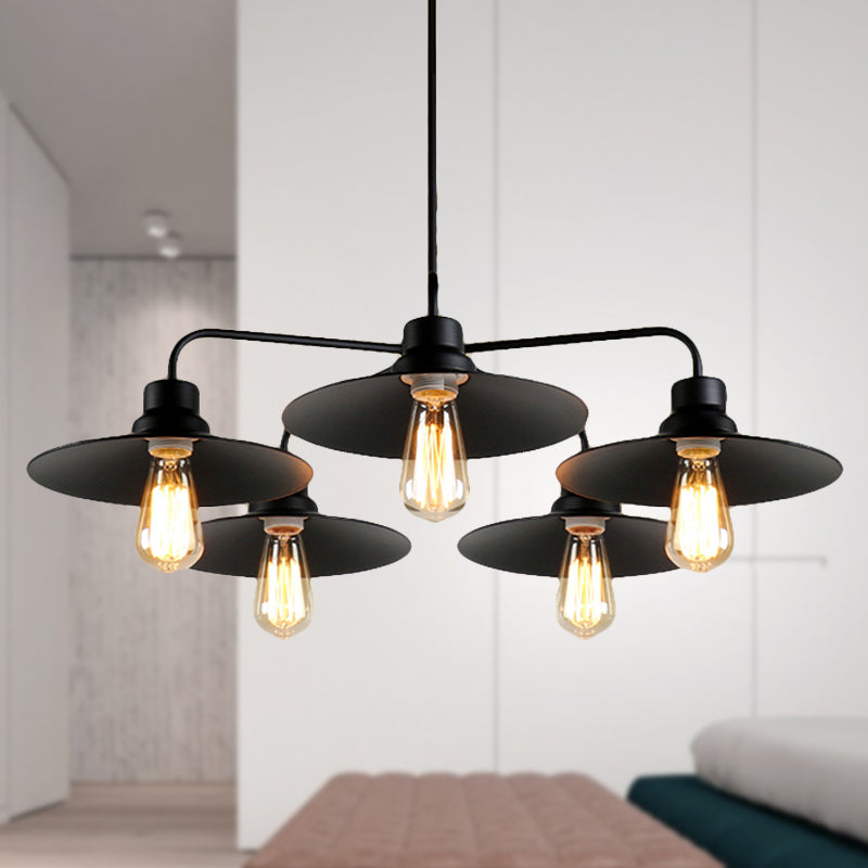 Lustre industriel rond noir - Style vintage, finition métallique, avec tige de suspension - 3/5 lumières