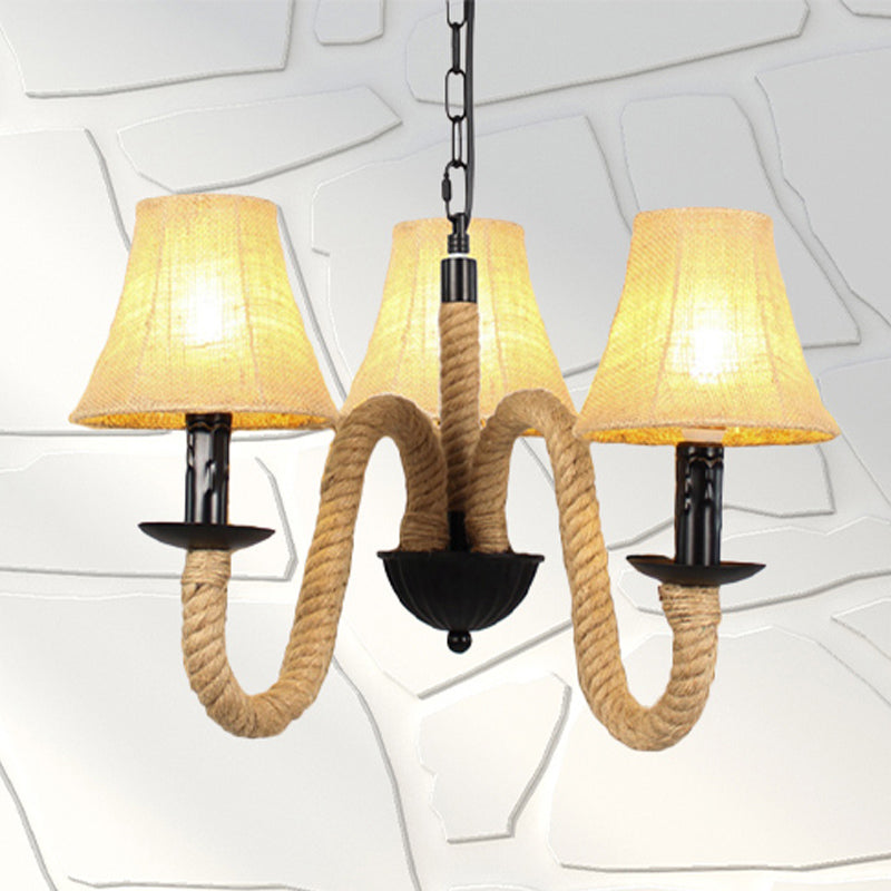 Lustre en tissu beige de style vintage avec détails en corde - Lampe suspendue en forme de cloche/cône (3 lumières)