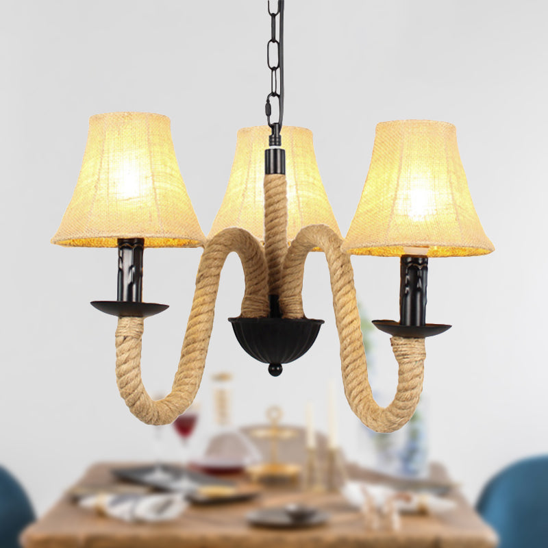Lustre en tissu beige de style vintage avec détails en corde - Lampe suspendue en forme de cloche/cône (3 lumières)