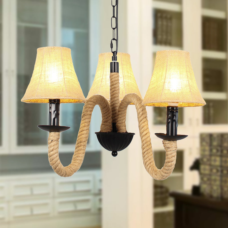 Lustre en tissu beige de style vintage avec détails en corde - Lampe suspendue en forme de cloche/cône (3 lumières)