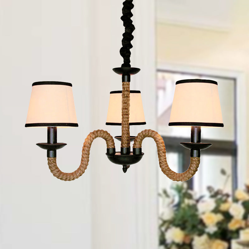 Lustre en tissu beige de style vintage avec détails en corde - Lampe suspendue en forme de cloche/cône (3 lumières)