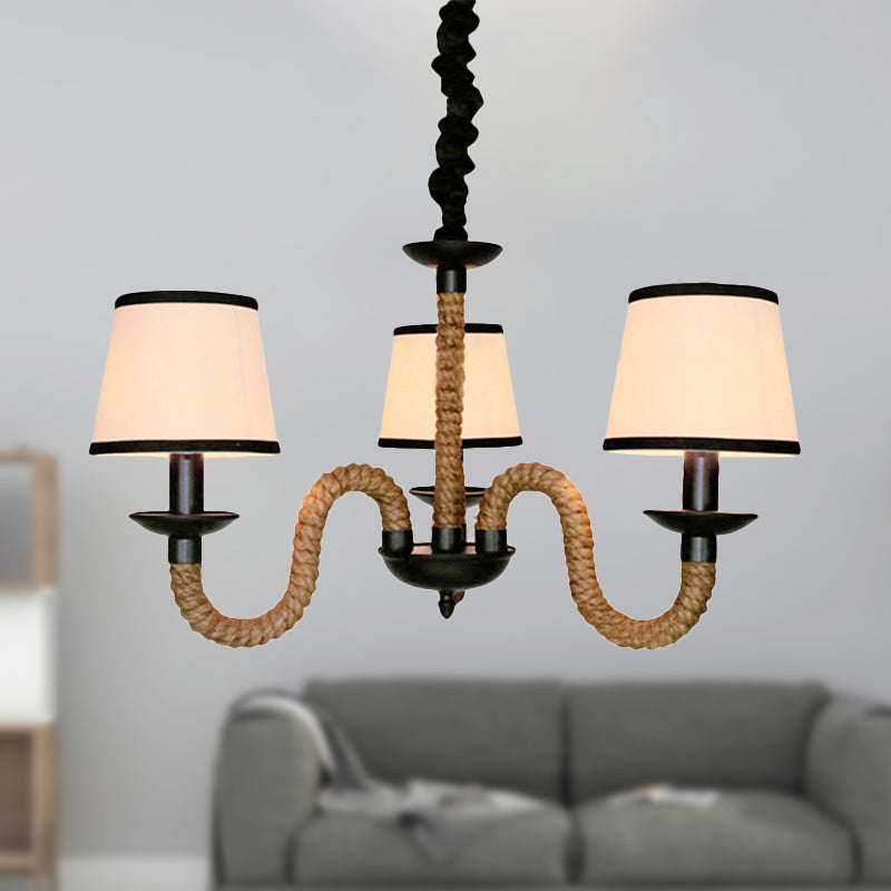 Lustre en tissu beige de style vintage avec détails en corde - Lampe suspendue en forme de cloche/cône (3 lumières)