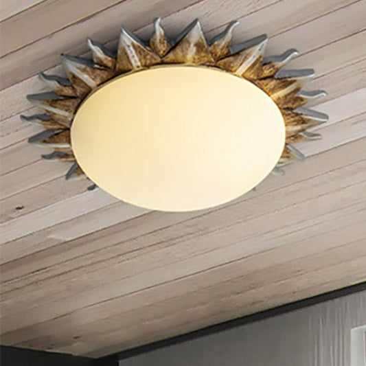 Vintage Black Sunburst Ceiling Light with Opal Glass for Living Room - 9"/15" Wide
