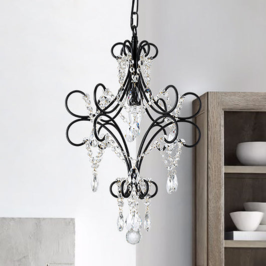 Antique Iron Pendant Light with Black Curve Arm and Crystal Accent - 1 Light Ceiling Fixture