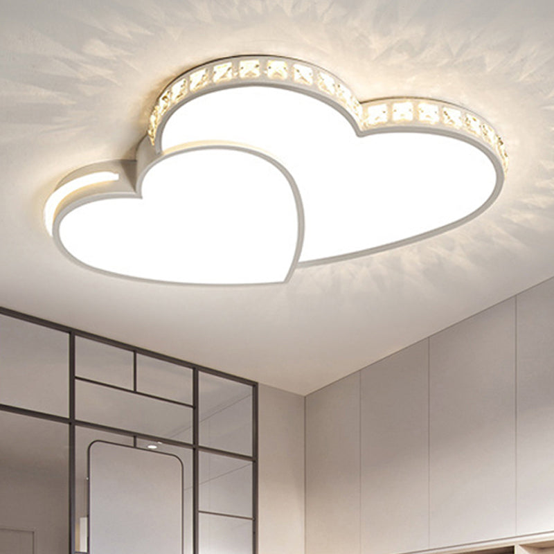 Romantic Acrylic Double Heart Ceiling Light with Sparkling LED Crystals in White - Perfect for Bathrooms