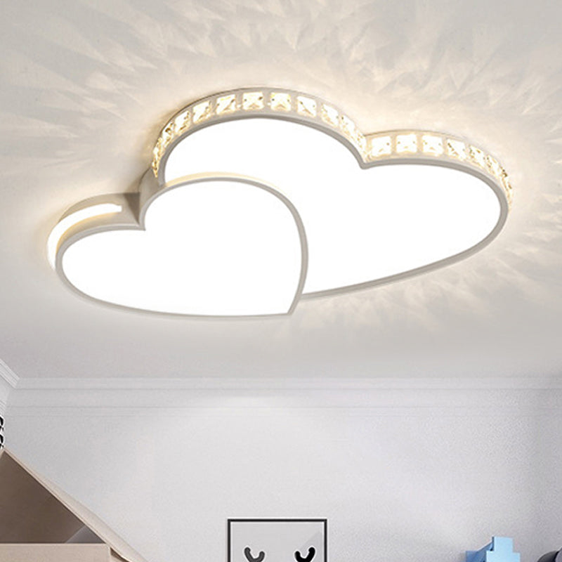 Romantic Acrylic Double Heart Ceiling Light with Sparkling LED Crystals in White - Perfect for Bathrooms