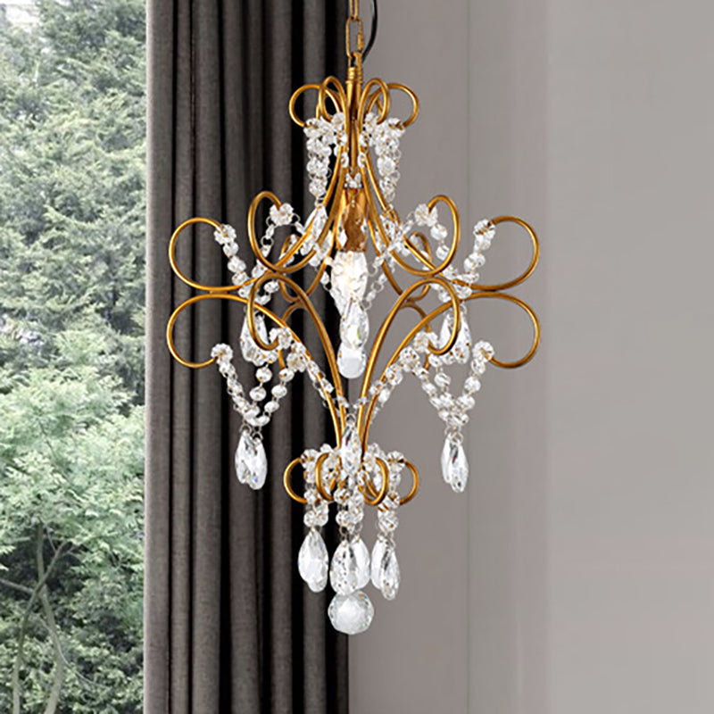Modern Gold Iron Bent Arm Pendant Light Fixture with Glass Strand - 1 Light Hanging
