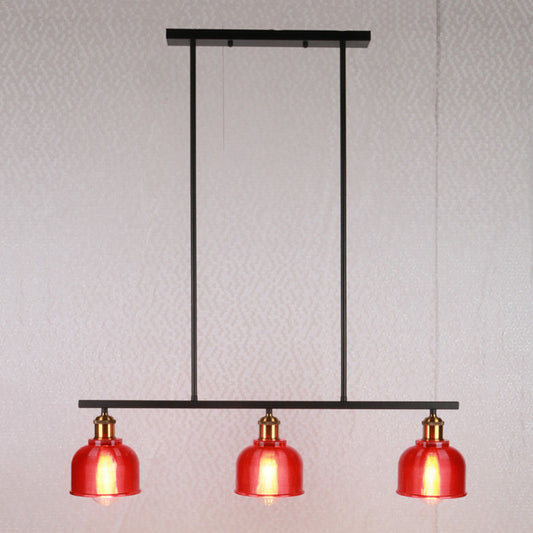 Industrial Black Pendant Lamp With Red/Yellow/Blue Glass Bowls 3-Light For Island Lighting Red