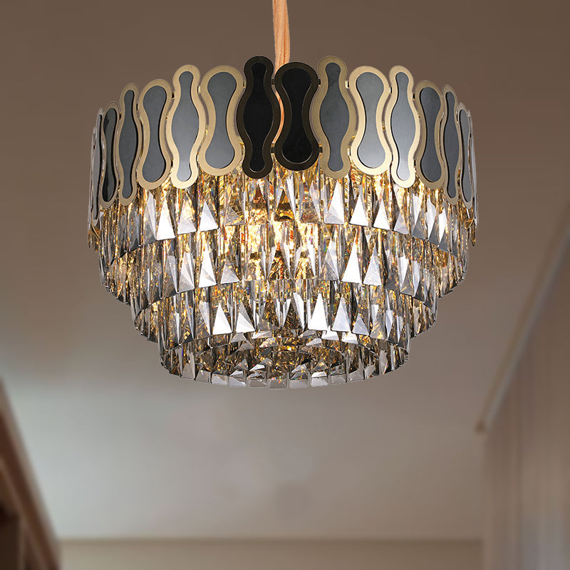 Modern Metal and Crystal Tiered Hanging Light Fixture - 8/11 Lights - Black Chandelier - 18"/23.5" Wide
