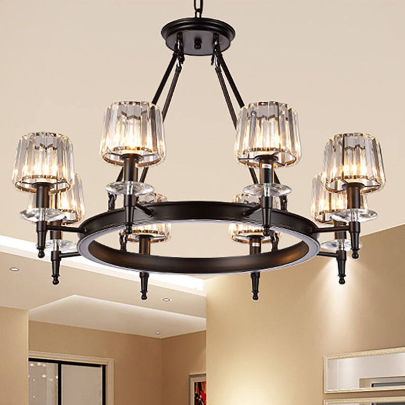 Suspension vintage en forme de tonneau noir : lustre en métal avec abat-jour en verre prismatique - 3/6/8 lumières