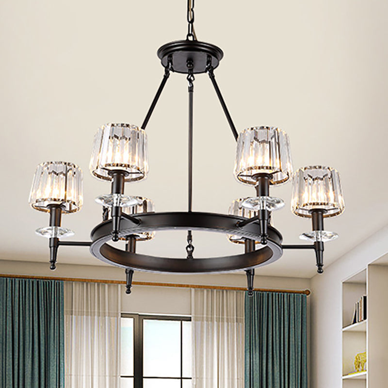 Suspension vintage en forme de tonneau noir : lustre en métal avec abat-jour en verre prismatique - 3/6/8 lumières
