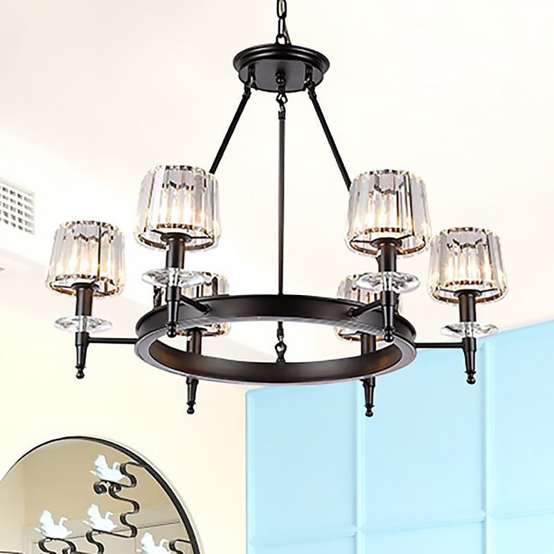 Suspension vintage en forme de tonneau noir : lustre en métal avec abat-jour en verre prismatique - 3/6/8 lumières