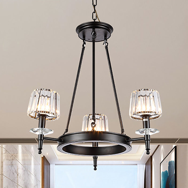 Suspension vintage en forme de tonneau noir : lustre en métal avec abat-jour en verre prismatique - 3/6/8 lumières