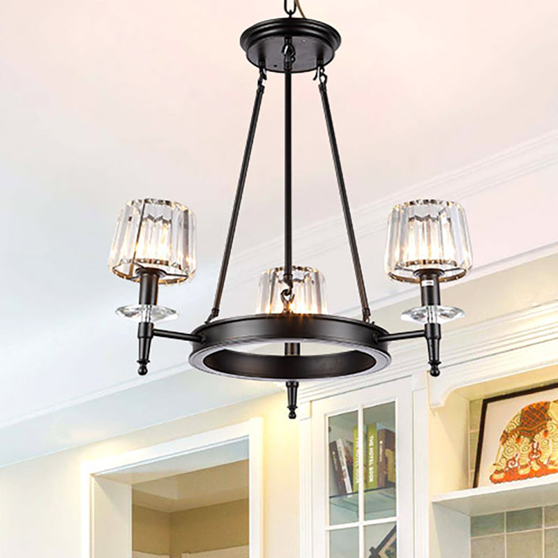 Suspension vintage en forme de tonneau noir : lustre en métal avec abat-jour en verre prismatique - 3/6/8 lumières