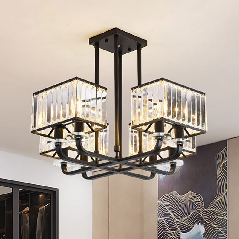 Lustre en cristal prismatique vintage - 6/8 lumières - Suspension noire pour salon