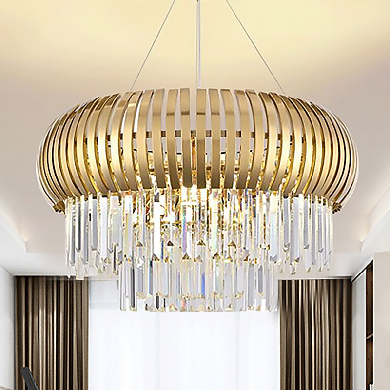 Modern Gold Lantern Chandelier Light with Crystal and Metal Shade - 5-Light Hanging Ceiling Fixture