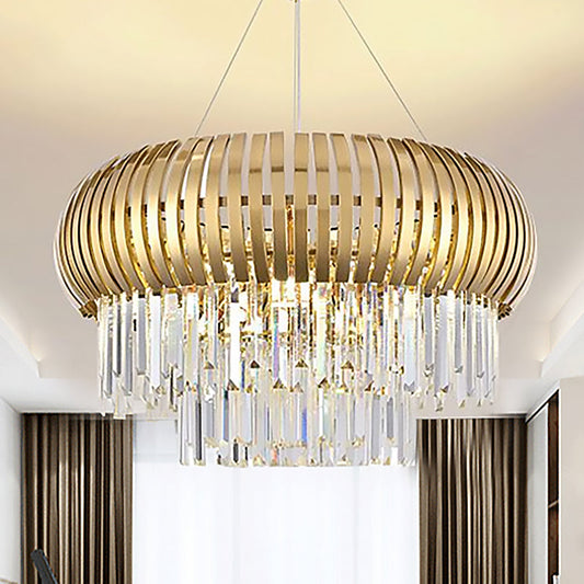Modern Gold Lantern Chandelier Light with Crystal and Metal Shade - 5-Light Hanging Ceiling Fixture