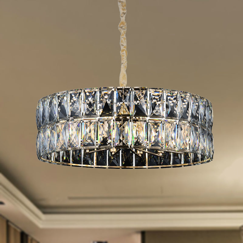 Gold Postmodern Drum Chandelier Light - Faceted Crystal, 8 Lights - Ceiling Hanging Fixture