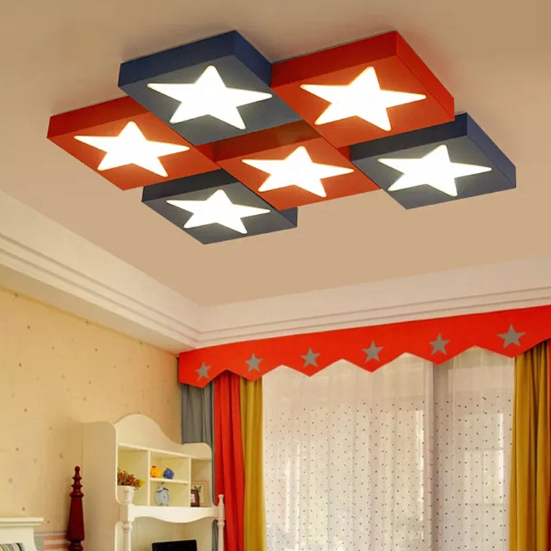 Square Metal Flush Ceiling Light with Star Design - Modern Lighting for Kid's Bedroom