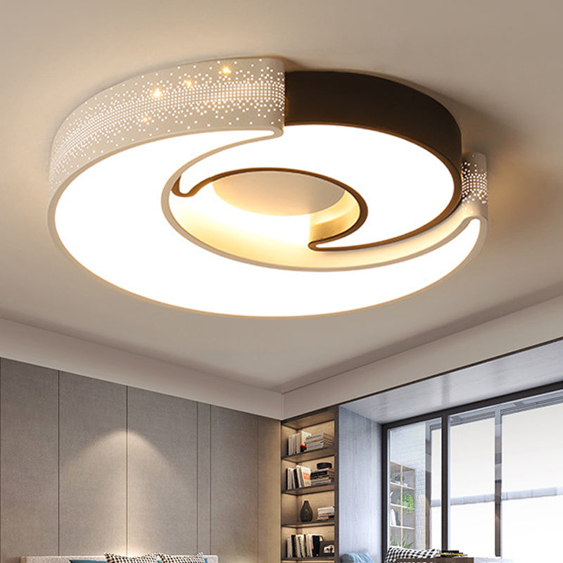 Contemporary 2-Moon Led Flush Ceiling Light For Kids Bedroom - Metal Acrylic Black & White