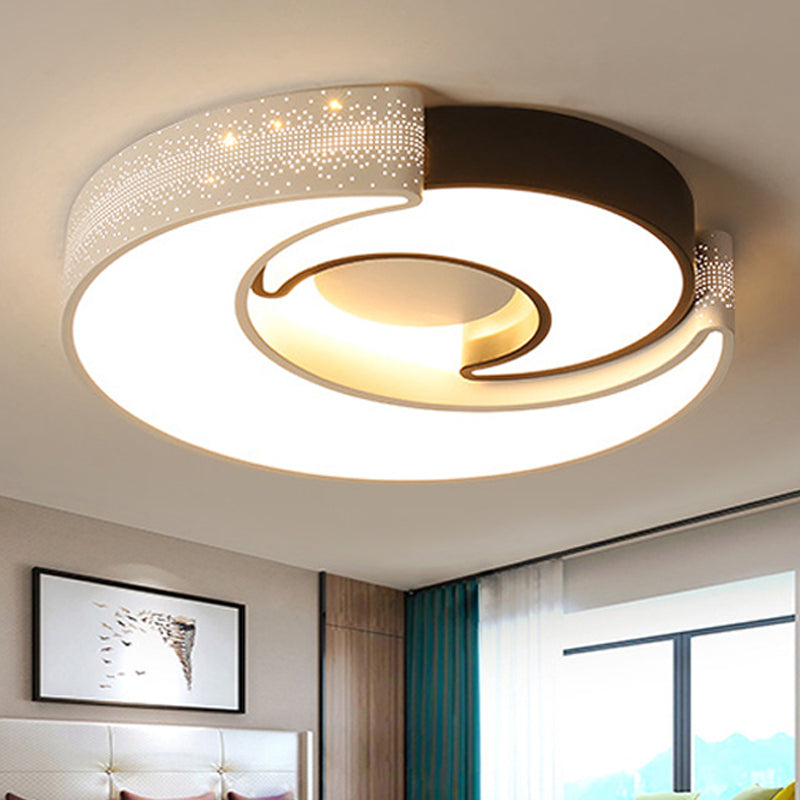 Contemporary 2-Moon LED Flush Ceiling Light for Kid's Bedroom - Metal Acrylic, Black & White