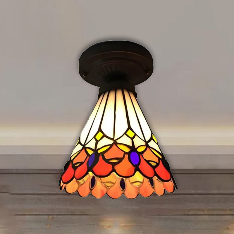 Tiffany Stained Glass Ceiling Mount Light for Cloth Shop – 1-Head Flower/Bird/Phoenix Design in Black with Pink & Red Rose Accents