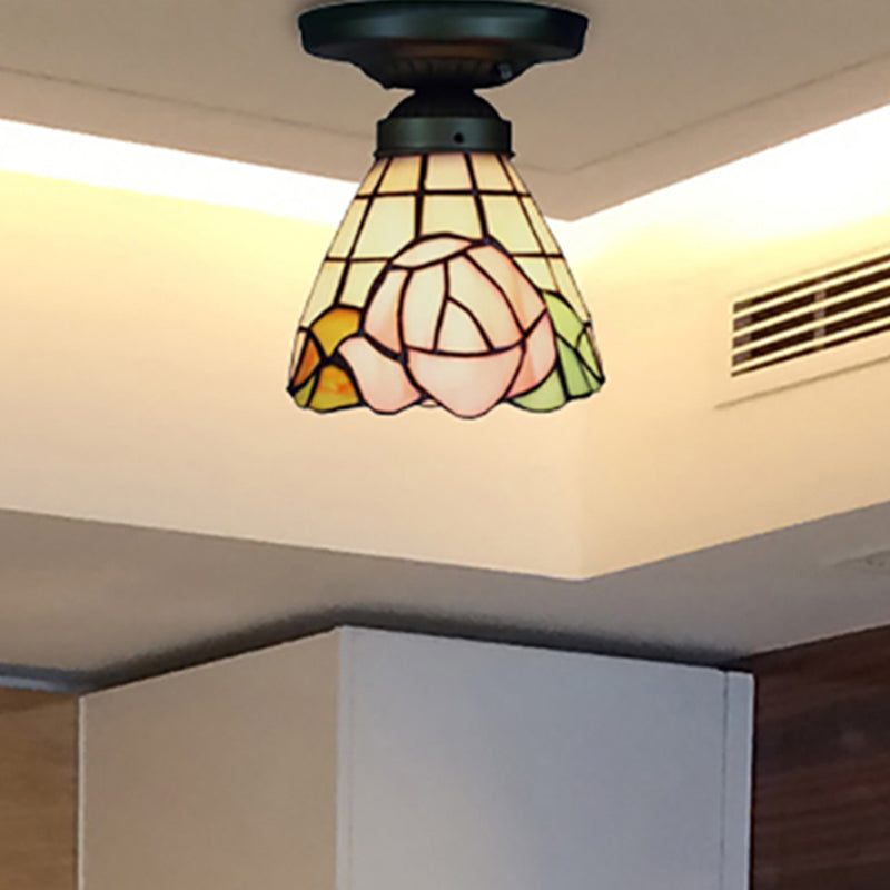 Tiffany Stained Glass Ceiling Mount Light for Cloth Shop – 1-Head Flower/Bird/Phoenix Design in Black with Pink & Red Rose Accents